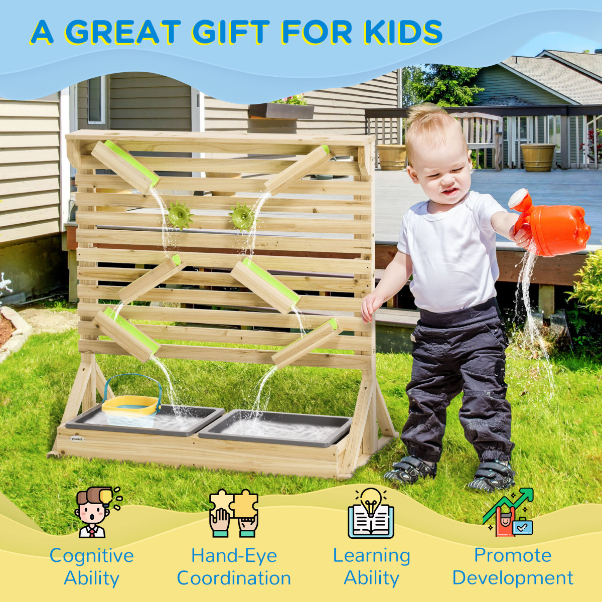 Outsunny Kids Sand and Water Playset with Two Sinks, Water Carts & 18 Accessories – Fir Wood Play Station