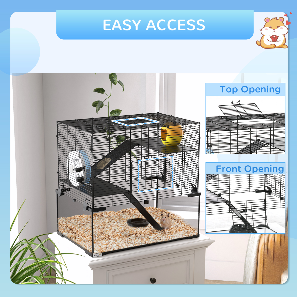 PawHut 3-Tier Hamster Cage with Deep Glass Base, Running Wheel, Food Bowl and Hut – 60 x 40 x 57cm