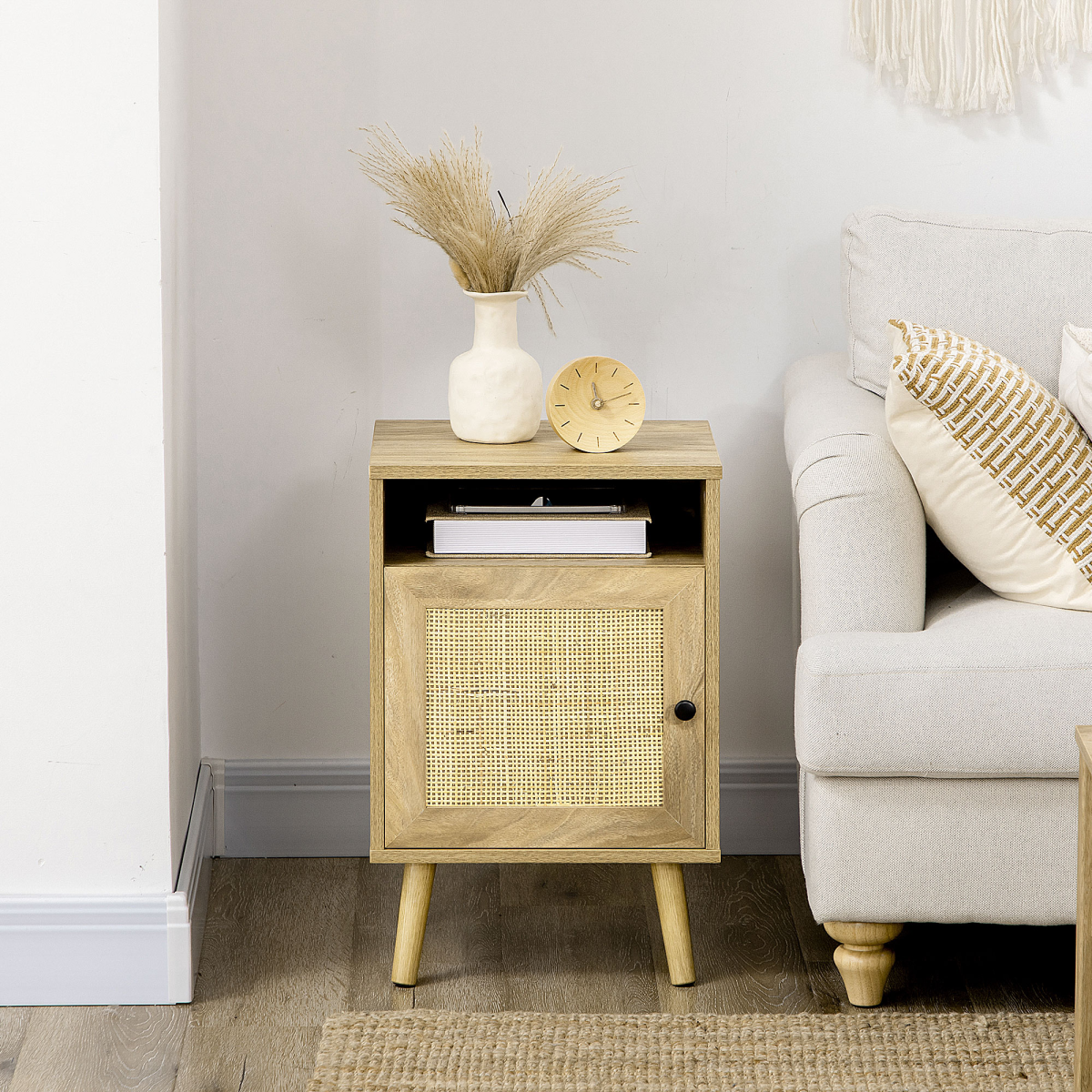HOMCOM Rattan Nightstand with Cabinet and Shelf – Bedside, Side or Telephone Table, Natural