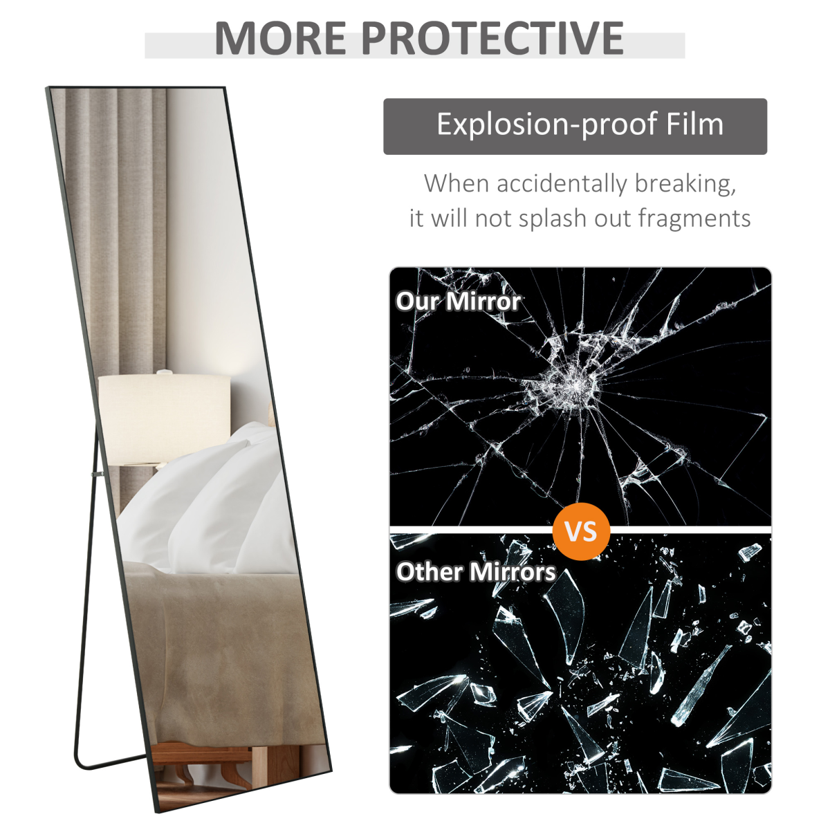 HOMCOM Full Length Mirror 160 x 48.5cm – Floor Standing or Wall Mounted Dressing Mirror, Black Aluminium Frame
