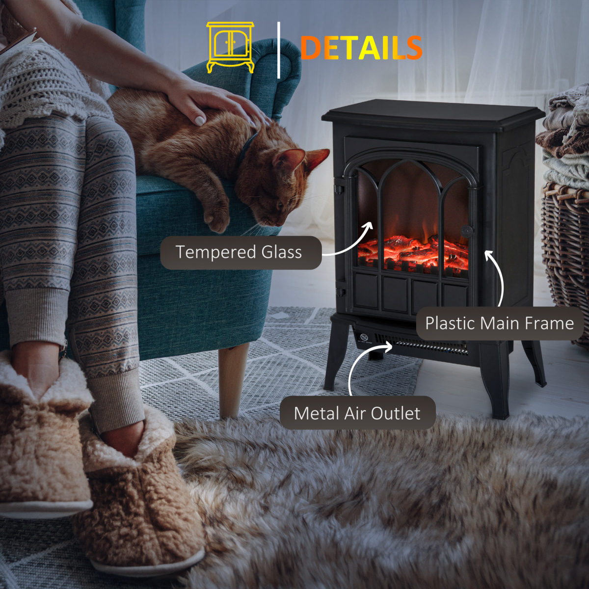 HOMCOM Freestanding Electric Fireplace Stove Heater, 1000W/2000W with LED Charcoal Flame – Cast Metal
