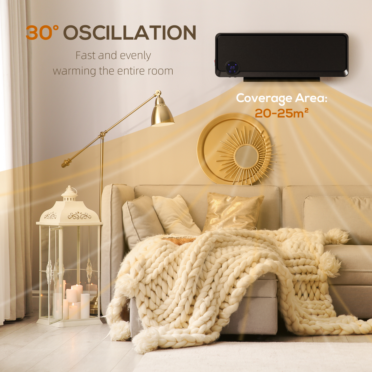 HOMCOM 1000W/2000W Wall Downflow Heater with 12-Hour Timer & Remote – 10-49°C, 30° Oscillation, Black
