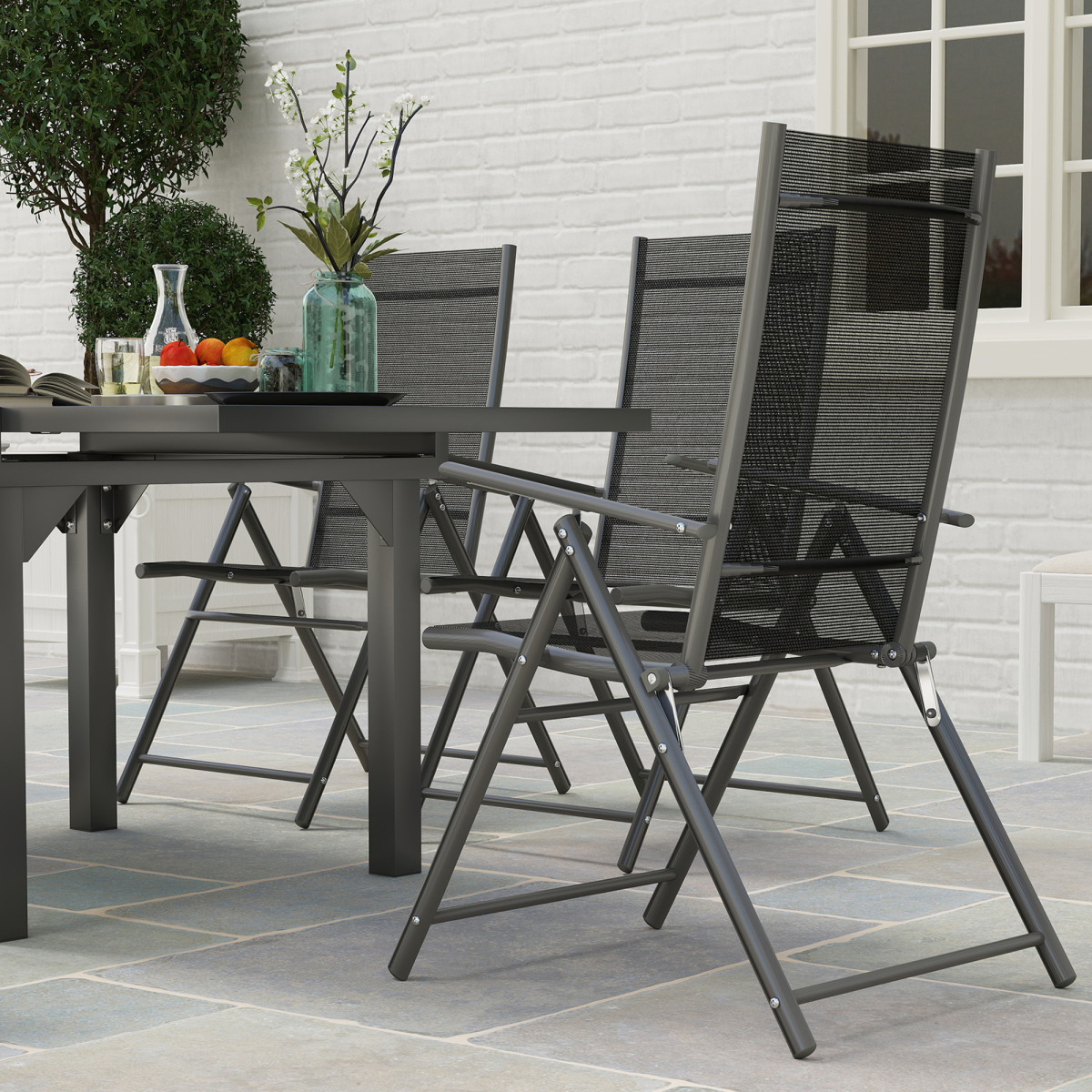 Outsunny 7-Piece Expandable Dining Set for 4–6 with Foldable Armchairs & Tempered Glass Table, Grey