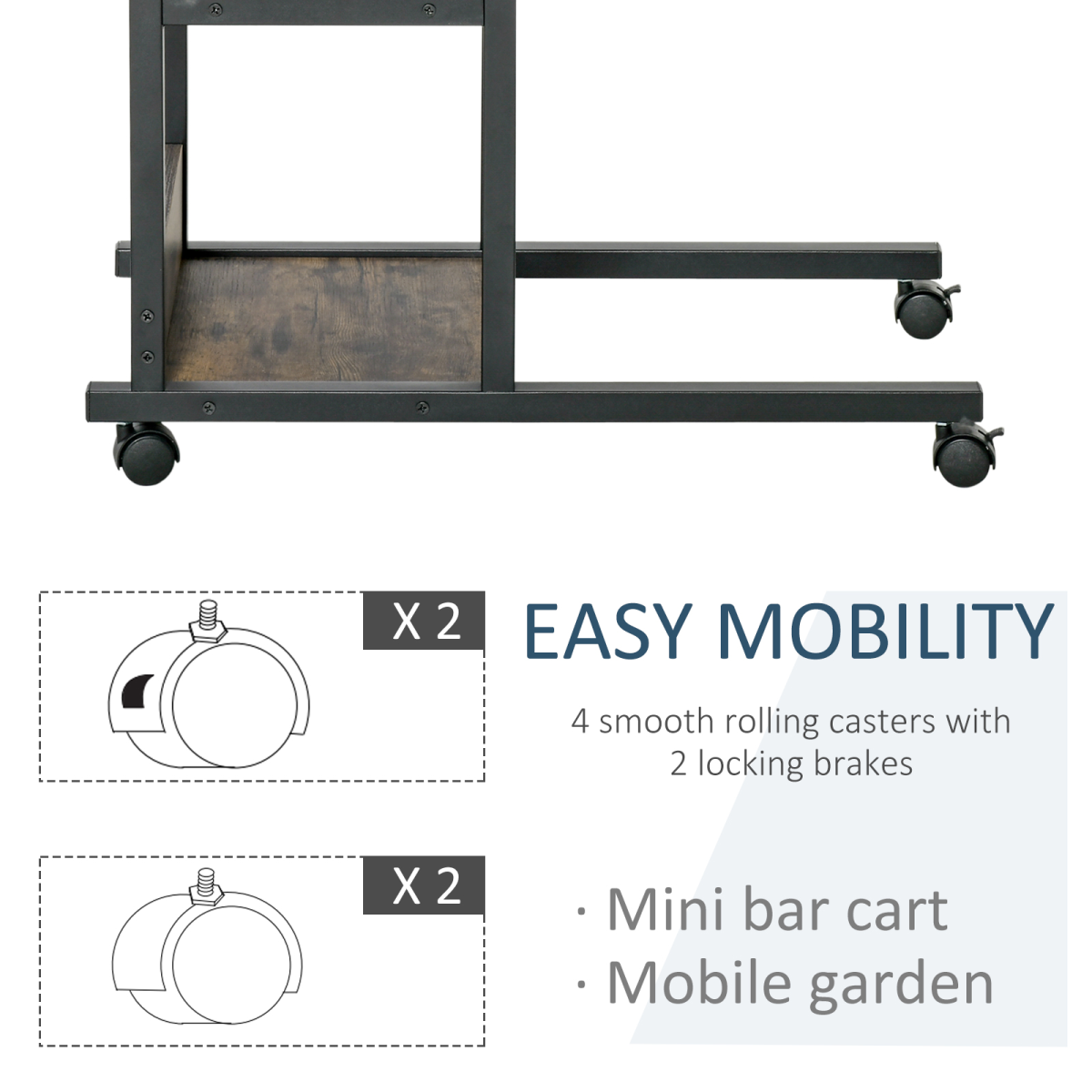 C-Shaped Mobile Side Table with 3 Tiers, Adjustable Height & Lockable Wheels – Sofa, Bed & Bar Cart