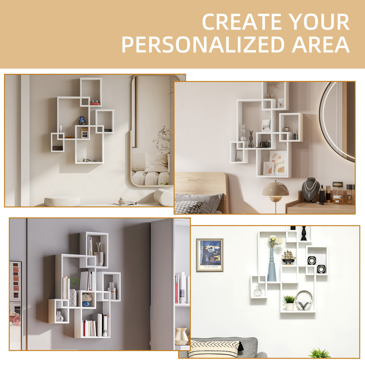 HOMCOM Interlocking Cube Floating Shelves, Set of 5 – Wall-Mounted Display Shelves, White