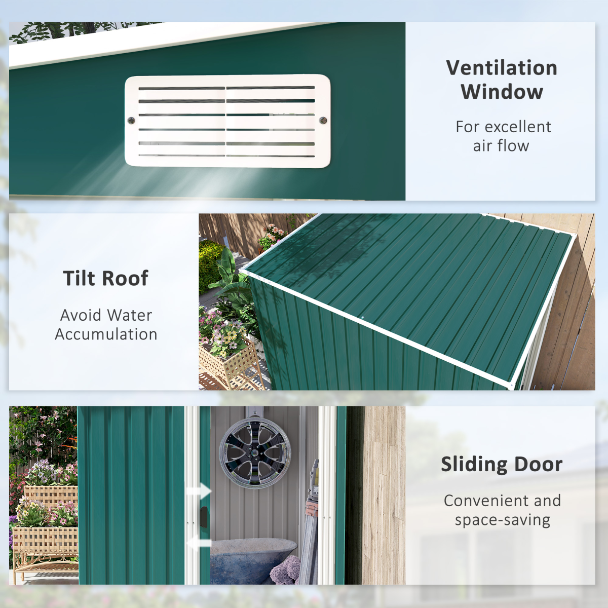 Outsunny 7 x 5ft Lean-To Galvanised Steel Garden Shed with Foundation & Sliding Door – Tool Storage, Green