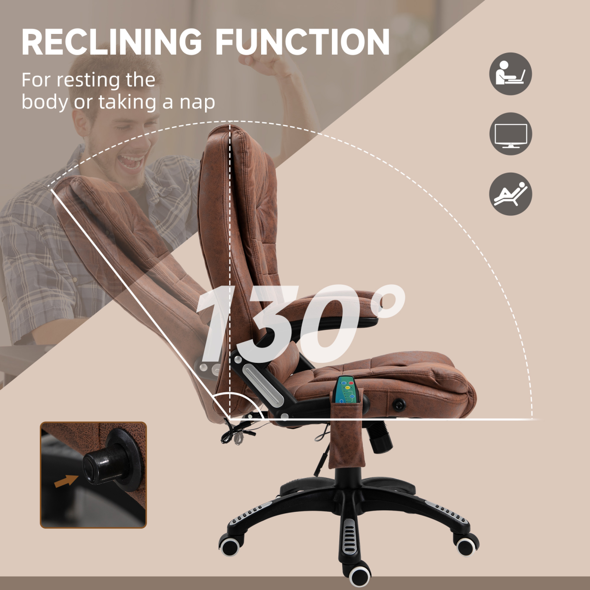 Executive Reclining Office Chair with Heated Massage, Padded Headrest & Swivel – Height Adjustable, Brown