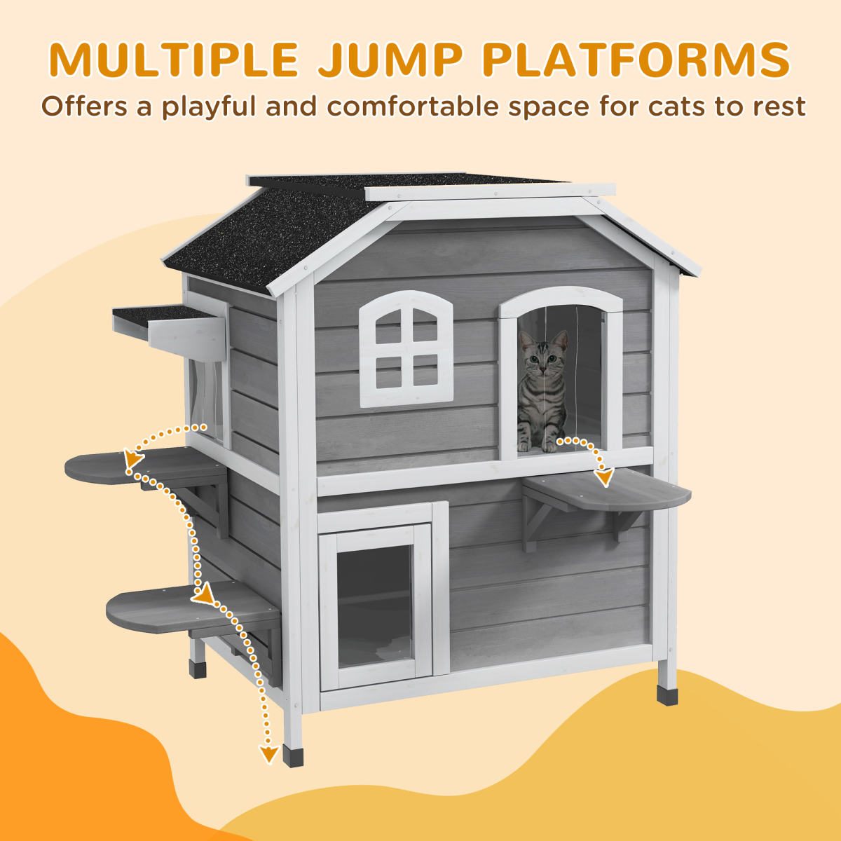 PawHut Two-Storey Cat Condo with Openable Roof – Fir Wood Indoor & Outdoor Catio House, Grey