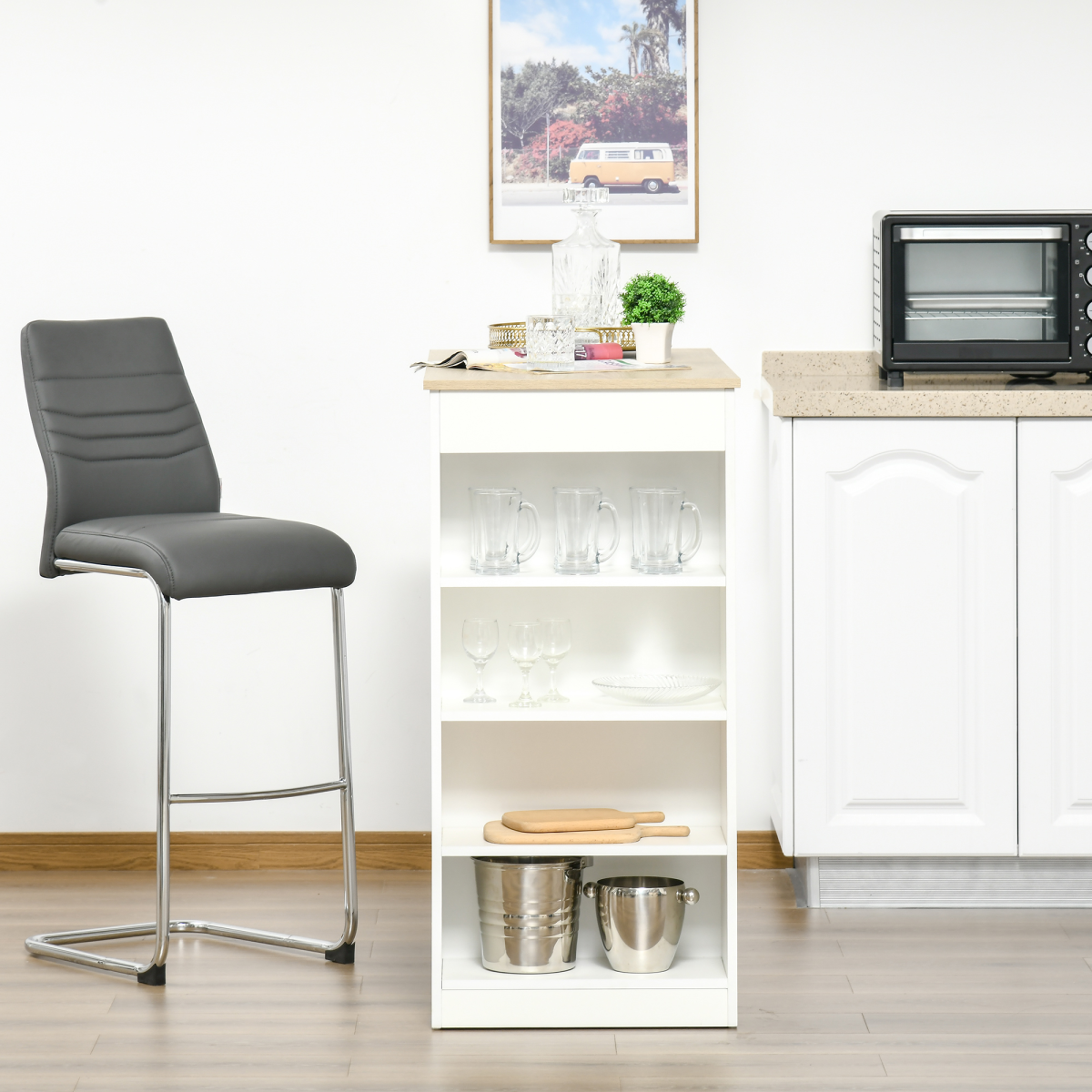 HOMCOM Bar Table with 4-Tier Side Shelves – Compact Kitchen Dining Table, Natural