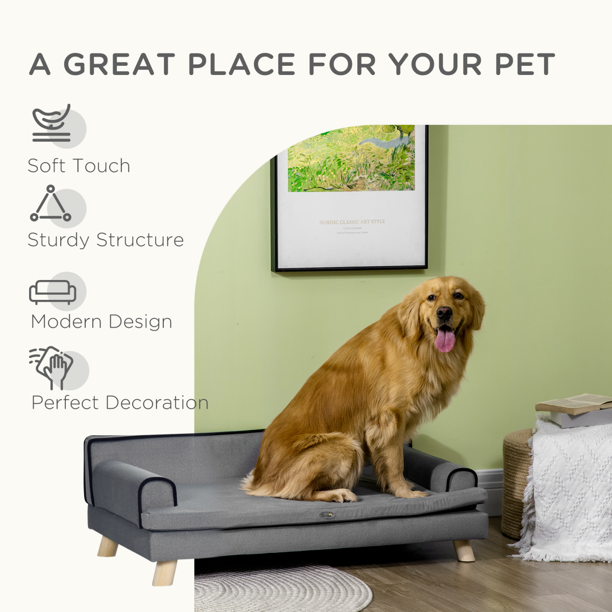 PawHut Pet Sofa Bed with Plush Cushion & Pine Legs – Water-Resistant Dog Couch for Medium & Large Dogs, Grey