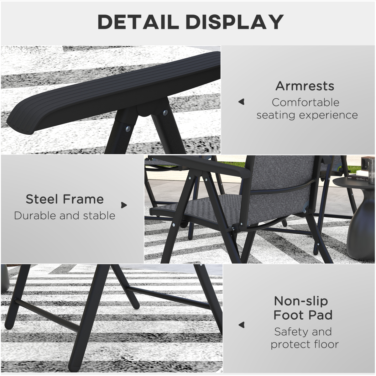 Outsunny 4-Pack Outdoor Rattan Folding Chairs with 7-Position Adjustable Backrest – Steel Frame Garden Seating, Grey/Black