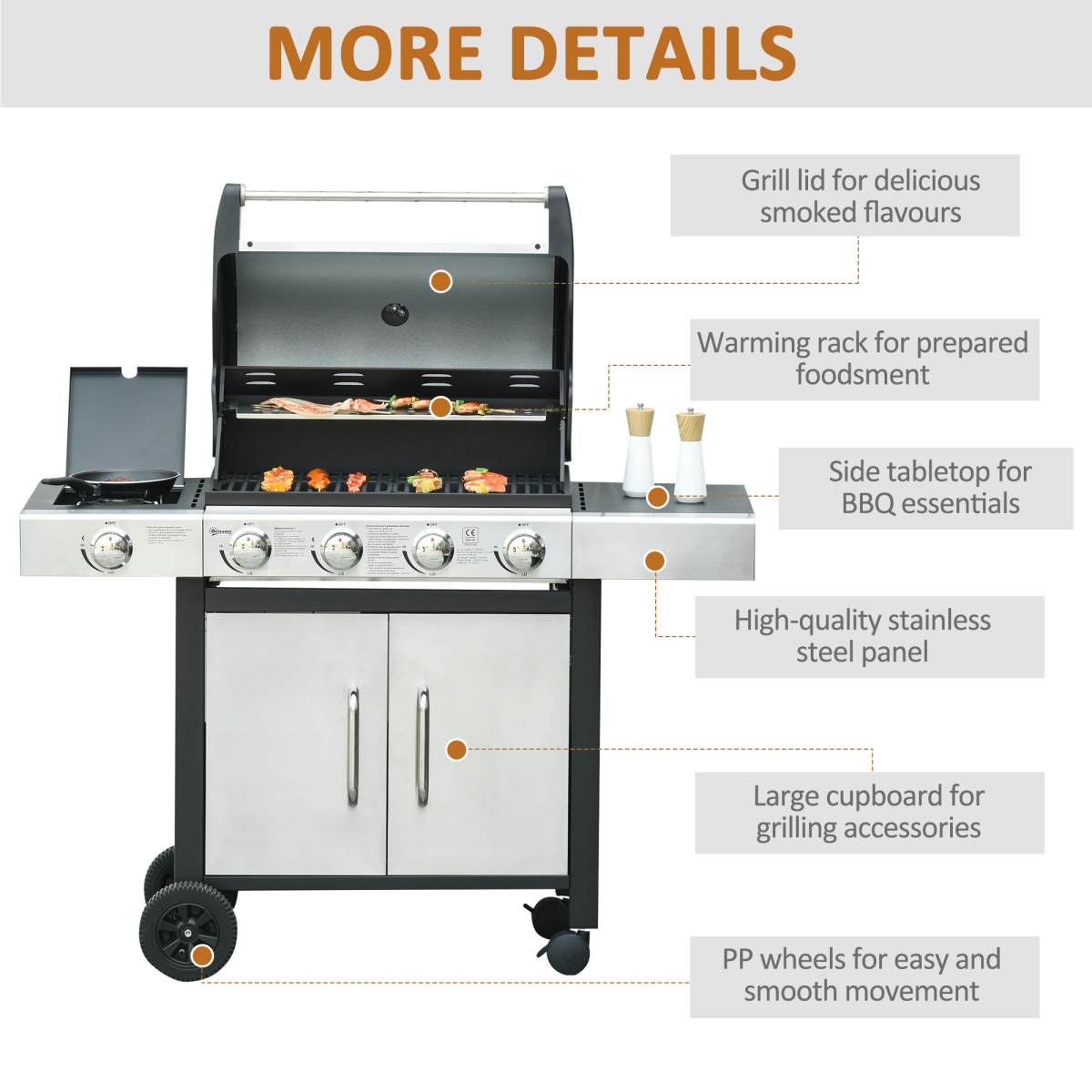 Outsunny 4+1 Burner Stainless Steel Gas BBQ Grill Trolley with Side Burner – Garden Cooking, 128 x 50 x 113cm