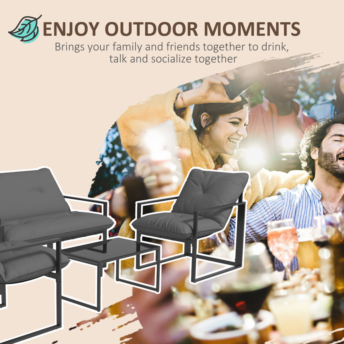Outsunny 4-Piece Garden Sofa Set with 2 Armchairs, Loveseat & Tempered Glass Coffee Table – Patio Furniture, Grey