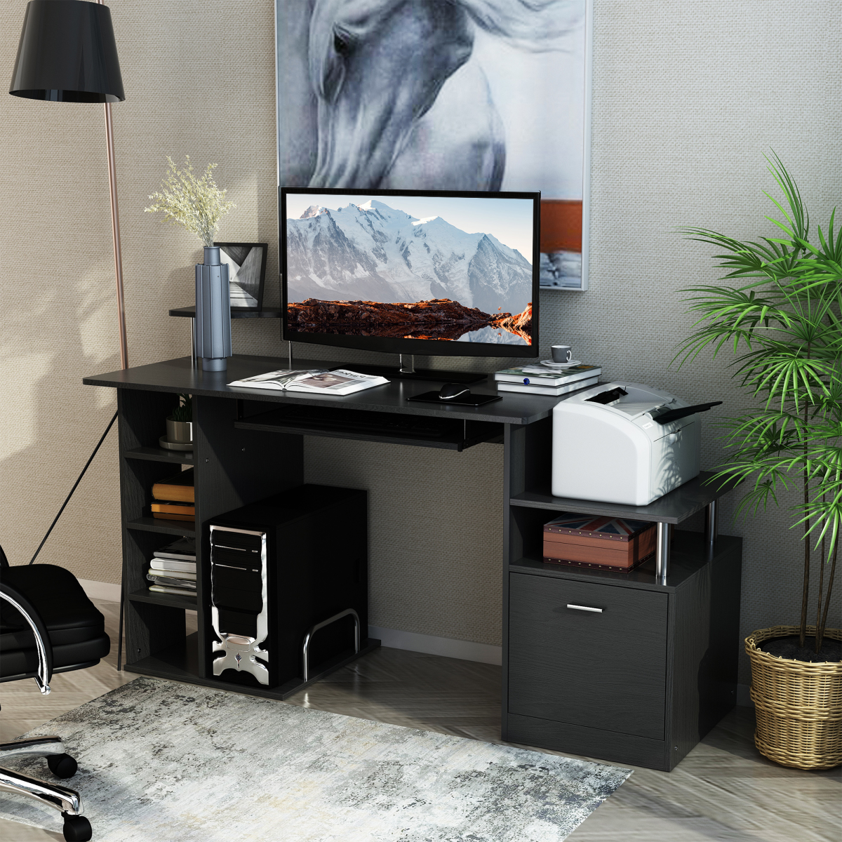 HOMCOM Wooden Computer Desk with Pull-Out Keyboard Tray, Storage Drawer & Printer Shelf