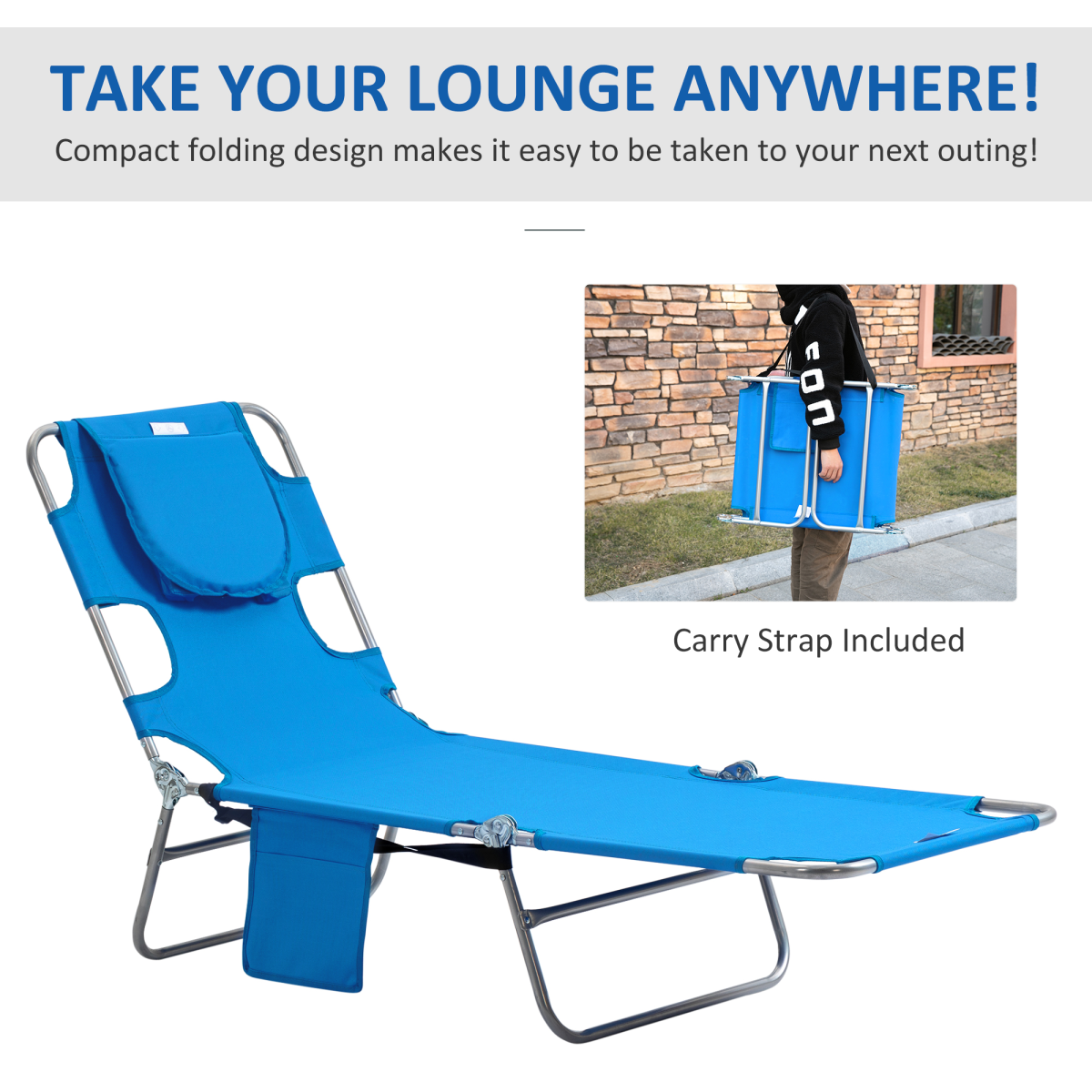 Outsunny Portable Beach Chaise Lounge with Face Cavity & Arm Slots – Reclining Sun Lounger with 5 Positions, Blue