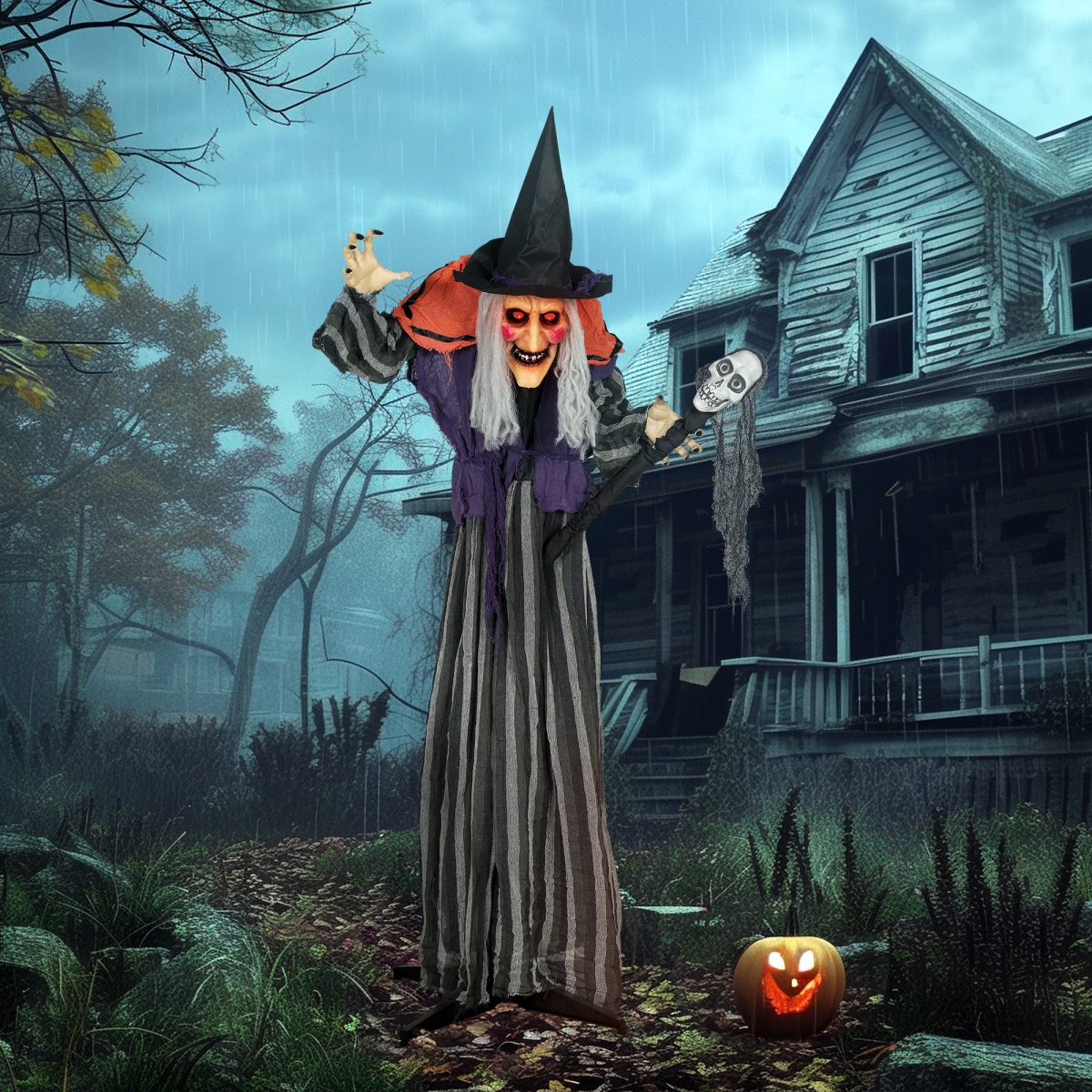 Outsunny Voice Activated Halloween Animatronic Standing Witch with Skull Staff – 160 cm Life-Size