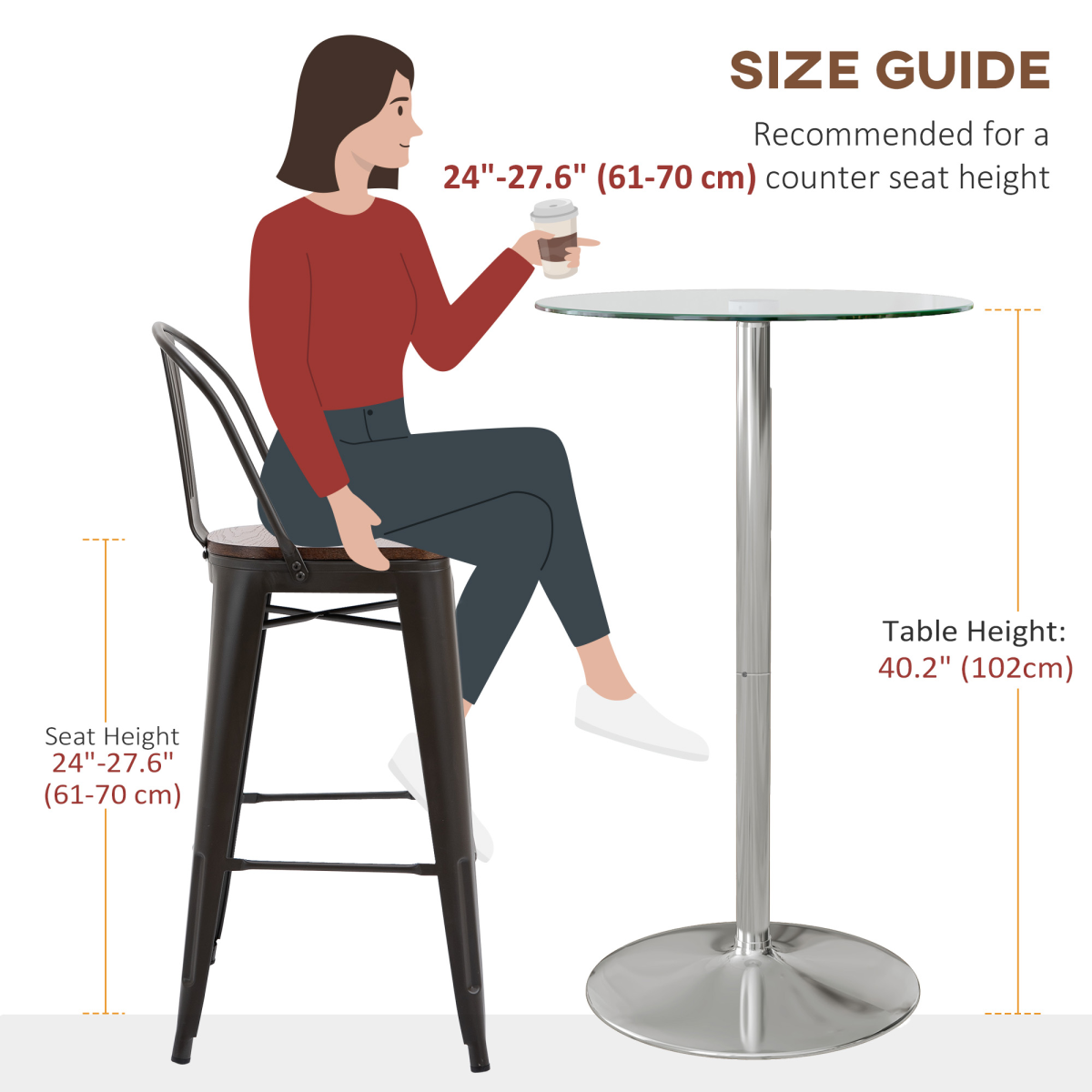 HOMCOM Round Glass Top Bar Table for 2 with Metal Base – Modern Pub-Style Kitchen Table