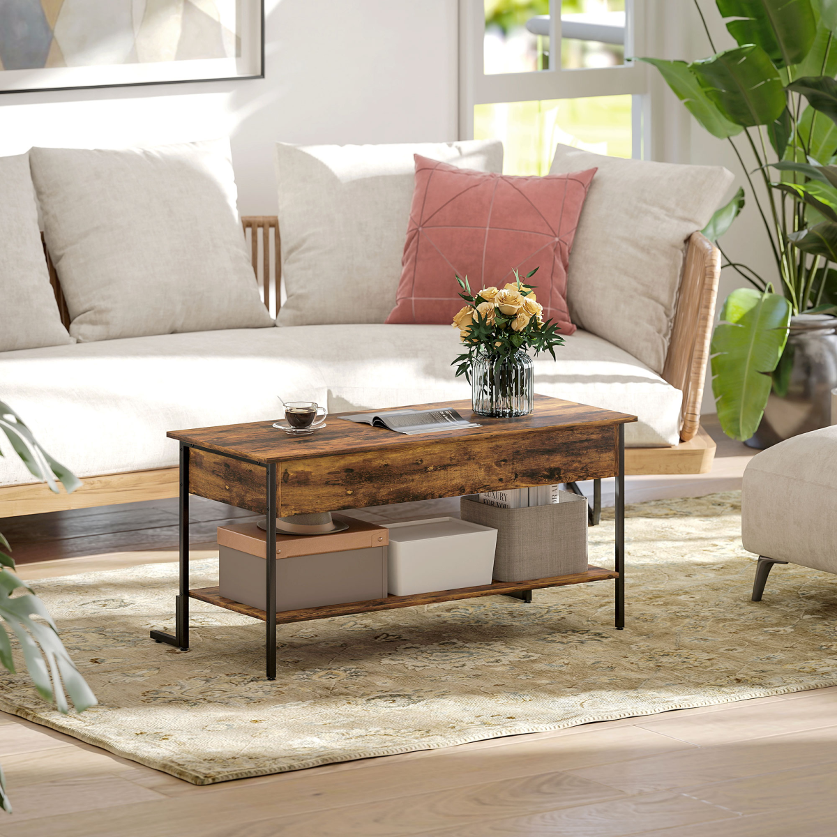 HOMCOM Industrial Lift Top Coffee Table with Hidden Storage Compartment & Open Shelf – Rustic Brown