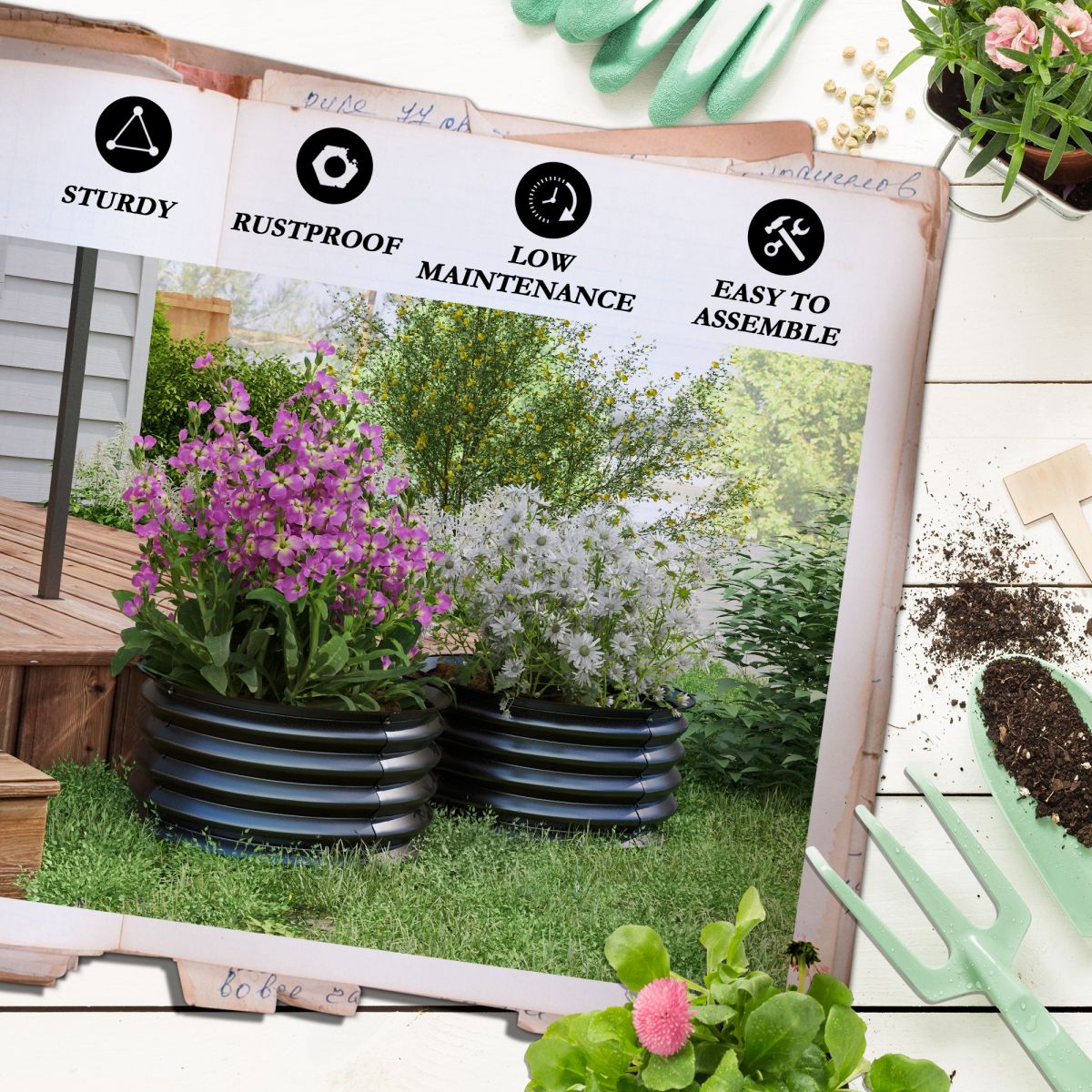 Outsunny Set of 2 Galvanised Steel Raised Garden Beds with Safety Edging – Curved Metal Planter Boxes, Dark Grey
