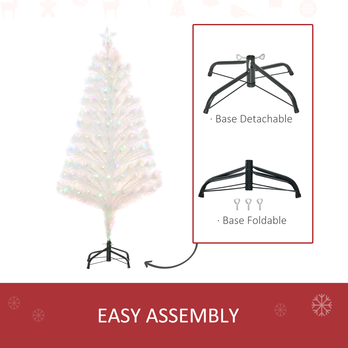 HOMCOM 4ft Pre-Lit Artificial Christmas Tree with Multi-Coloured Fibre Optic and LED Lights – Foldable, White