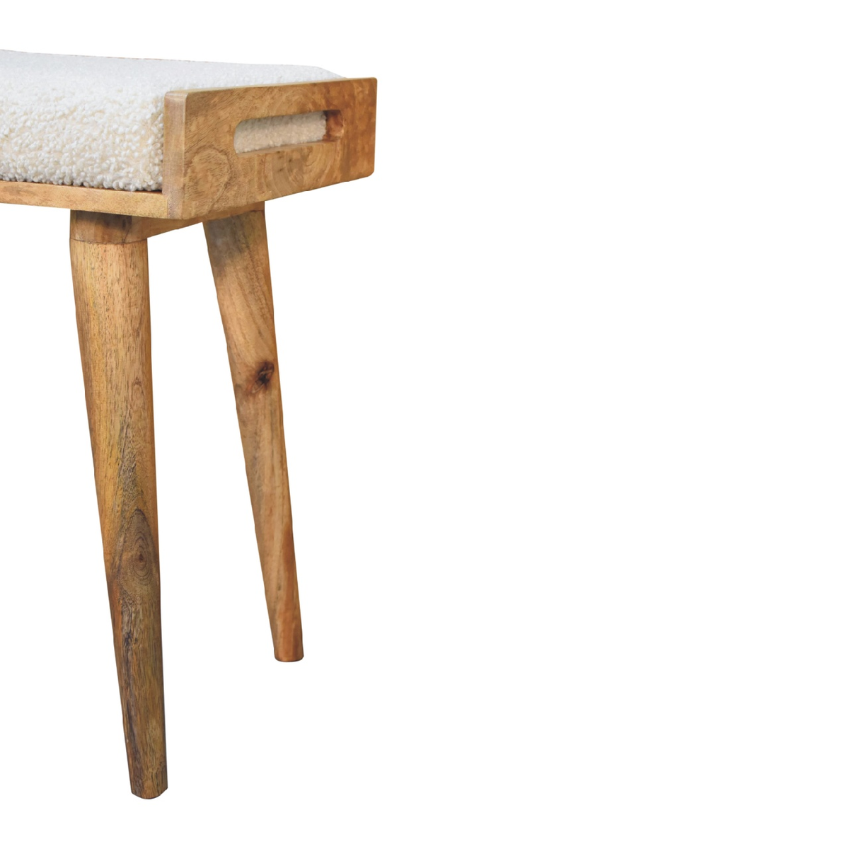 Artisan Furniture Tray-Style Footstool in Solid Mango Wood with Cotton Boucle Upholstery – Cream & Brown