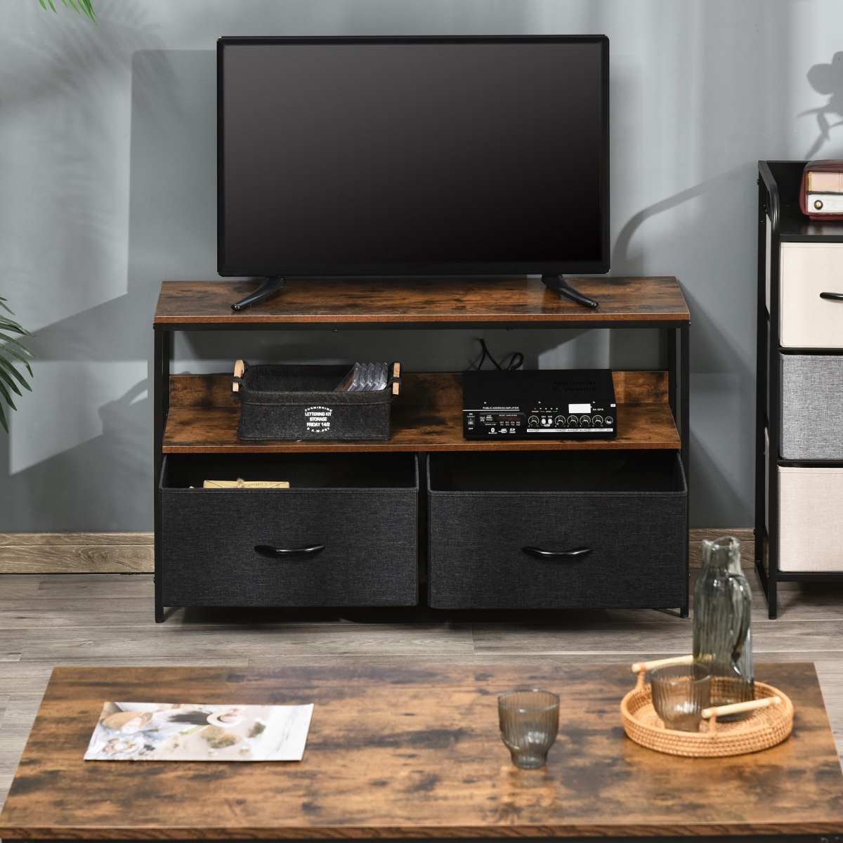 HOMCOM TV Cabinet with 2 Foldable Linen Drawers & Open Shelf – Living Room Media Storage, Rustic Brown