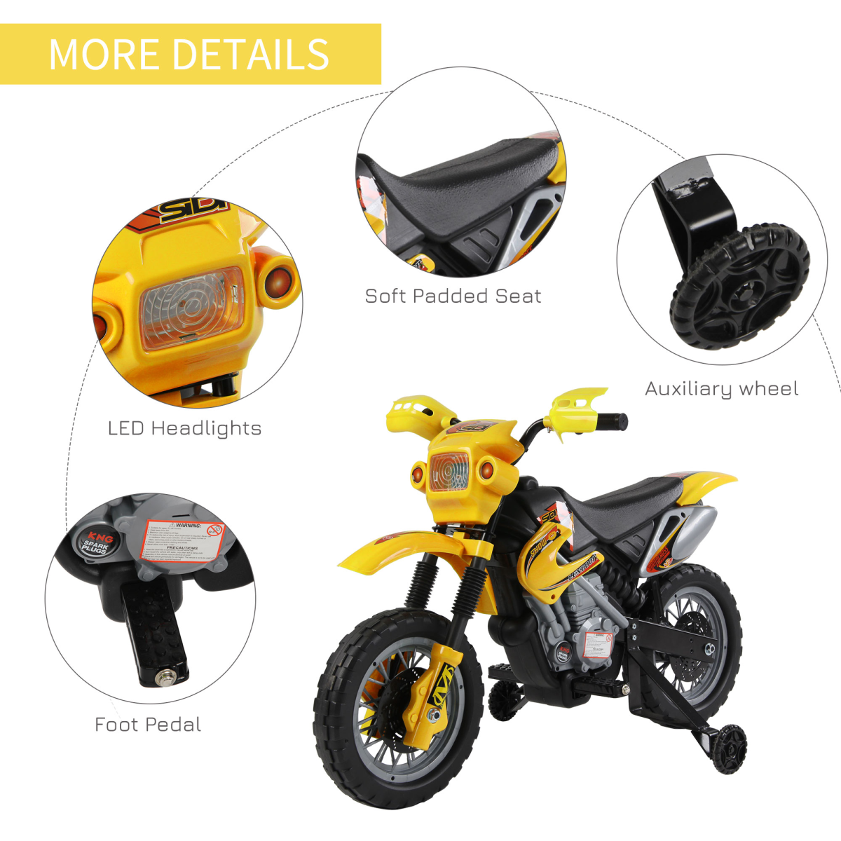 Kids Electric Ride-On Motorbike with Headlights, Music & Horn – Motocross Style Toy Motorcycle for Ages 3-6, Yellow