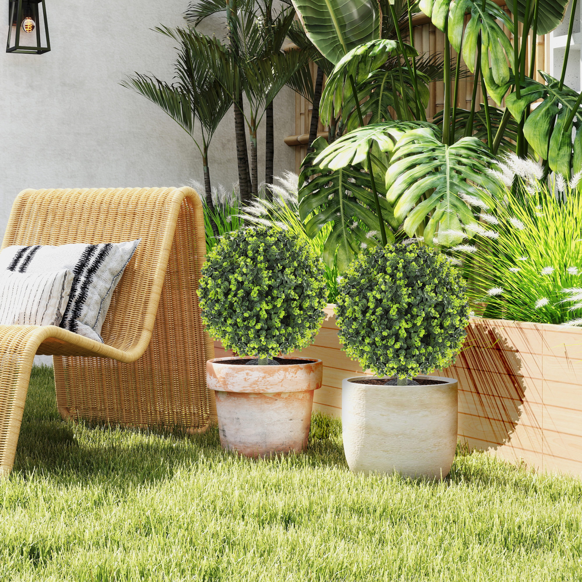 HOMCOM Set of 2 Artificial Boxwood Topiary Balls with Eucalyptus Leaves – Indoor Outdoor Plants, Green