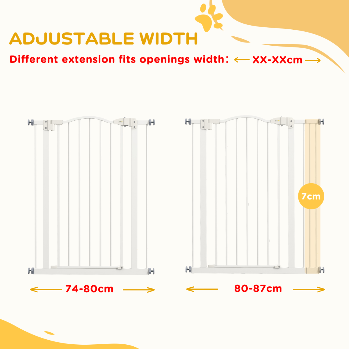 PawHut 74–87cm Adjustable Metal Pet Gate with Auto-Close Door – Safety Barrier for Doors and Stairs, White