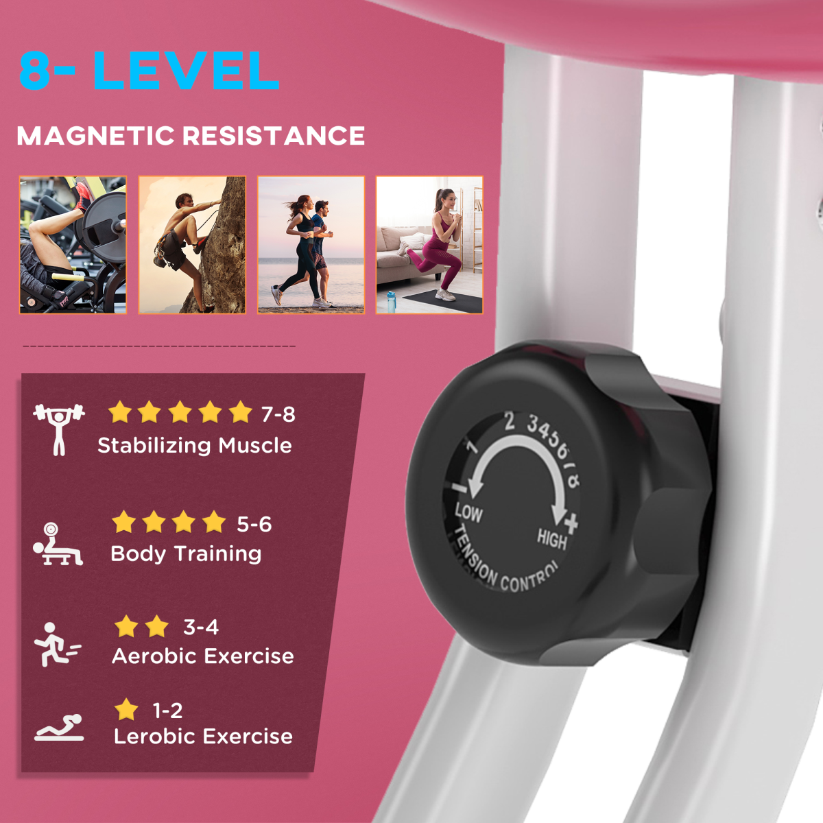 HOMCOM Foldable Magnetic Exercise Bike with 8 Resistance Levels, LCD Monitor & Adjustable Seat – Home Cardio, Pink