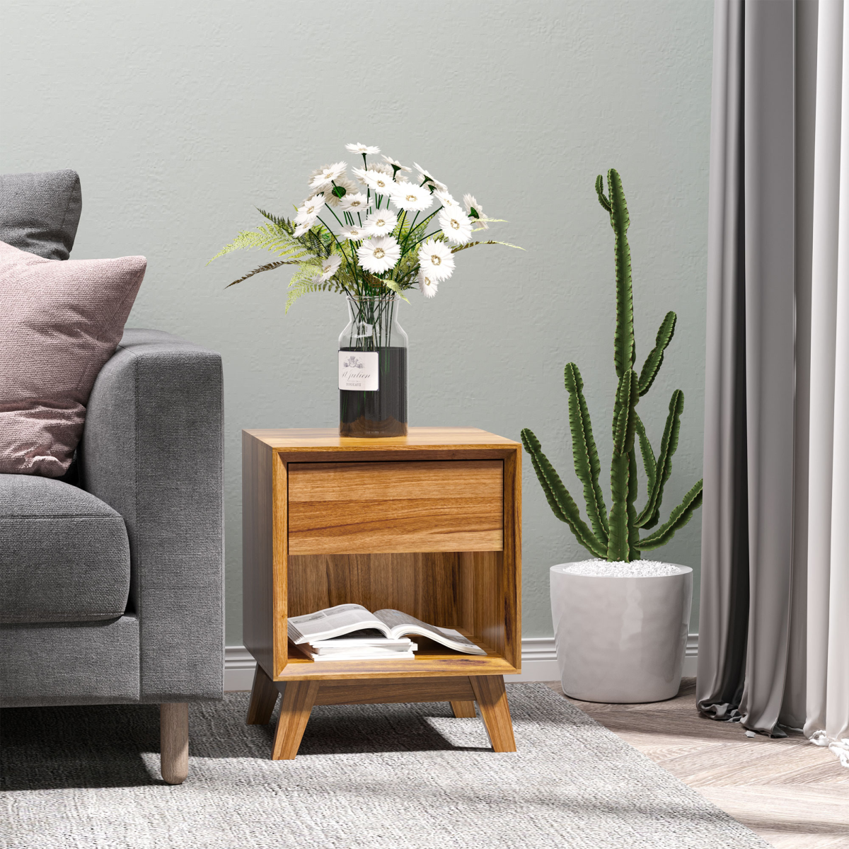 HOMCOM Bedside Table with Drawer & Bottom Shelf – Wood-Effect MDF Storage Organiser for Bedroom