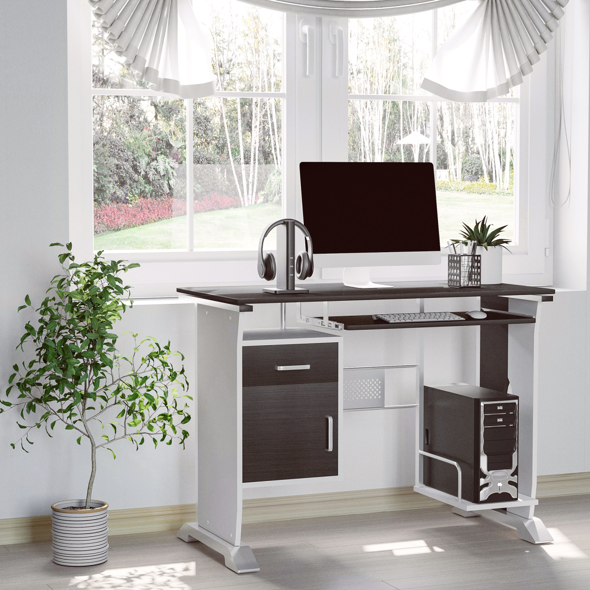 HOMCOM Computer Desk with Sliding Keyboard Tray, Storage Drawers & CPU Stand – Home Office, Walnut