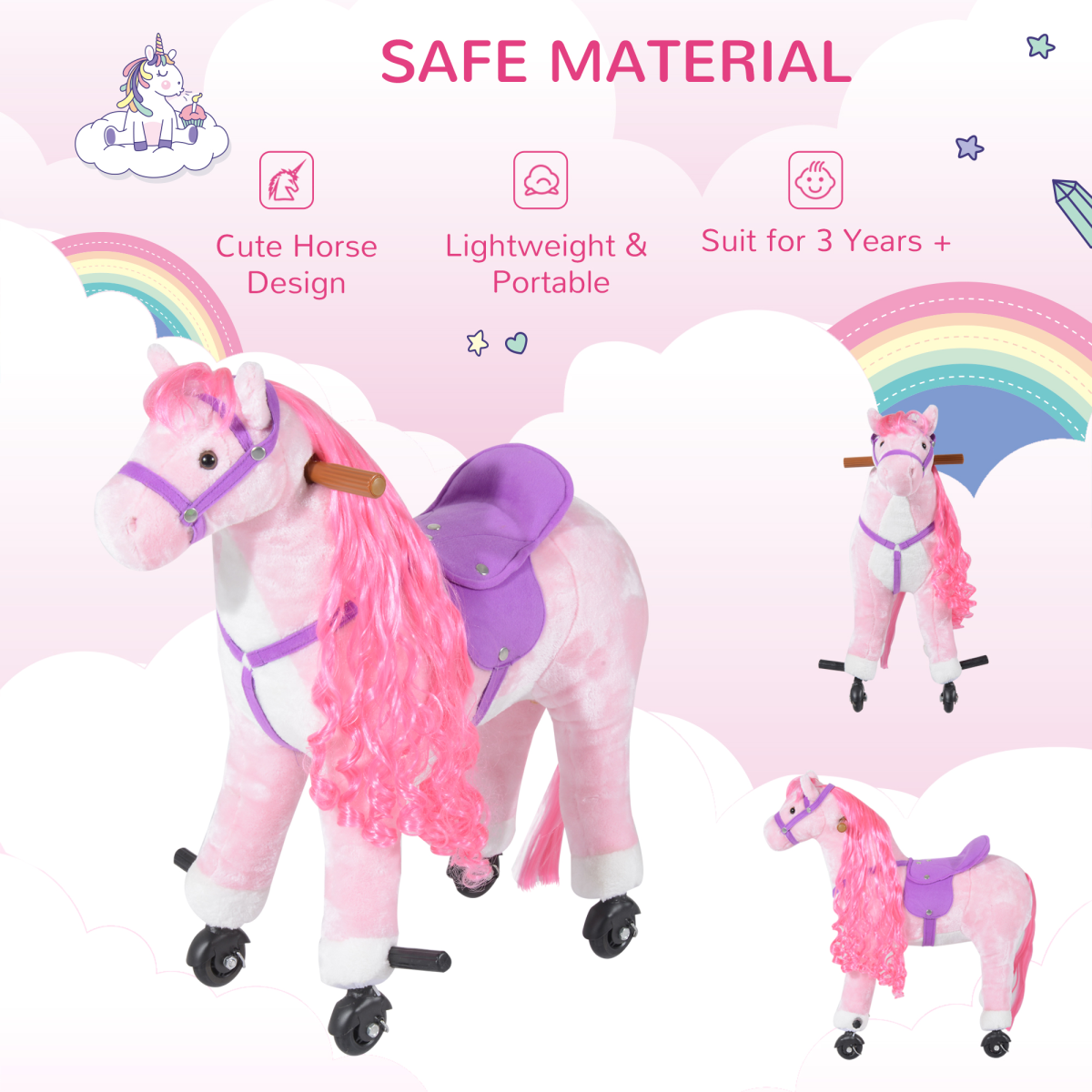 HOMCOM Mechanical Walking Horse Ride-On Toy with Plush Body & Horse Sounds – Kids Pony for Ages 3+