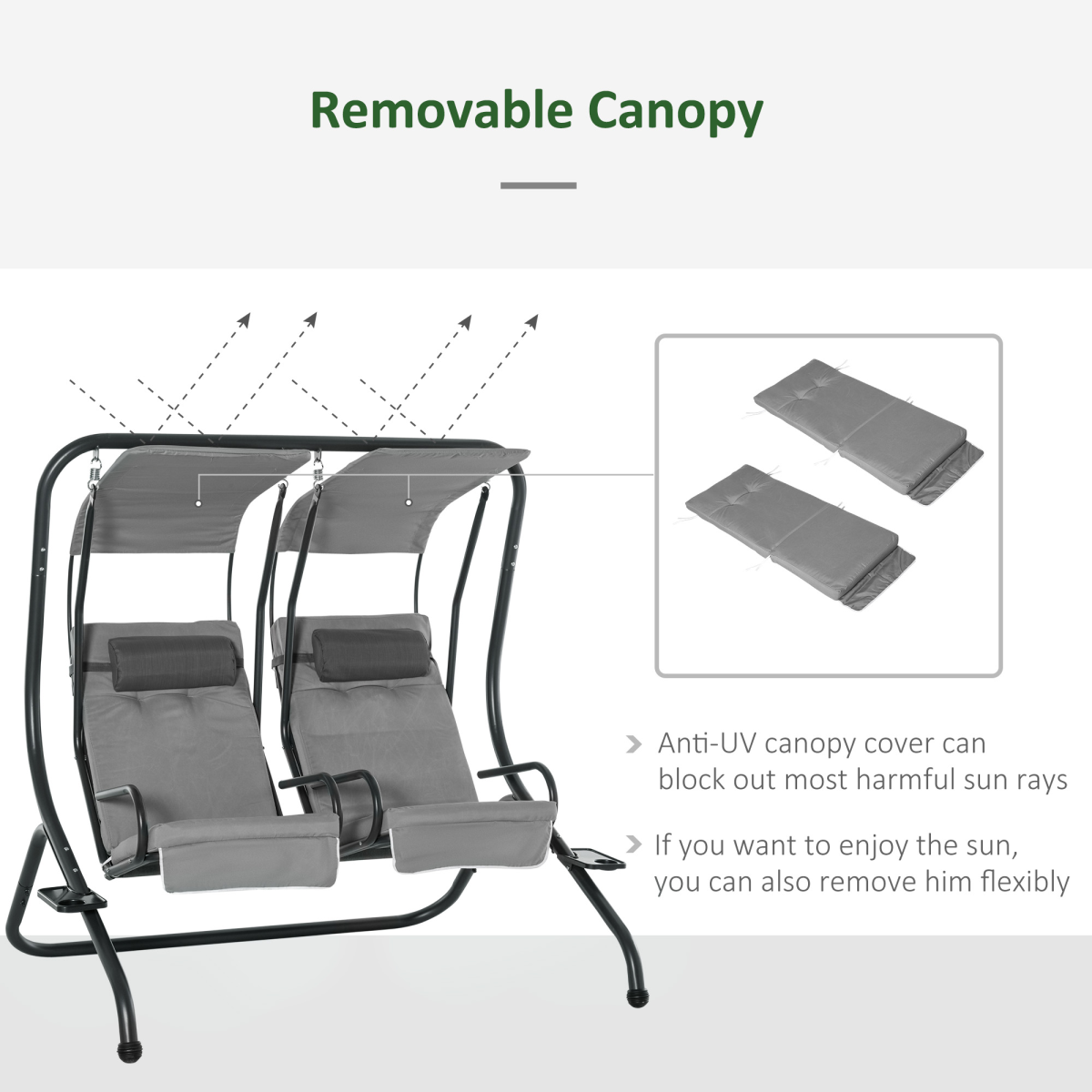 Outsunny Canopy Double Garden Swing with 2 Separate Chairs & Steel Frame – Patio Swing Seat, Grey