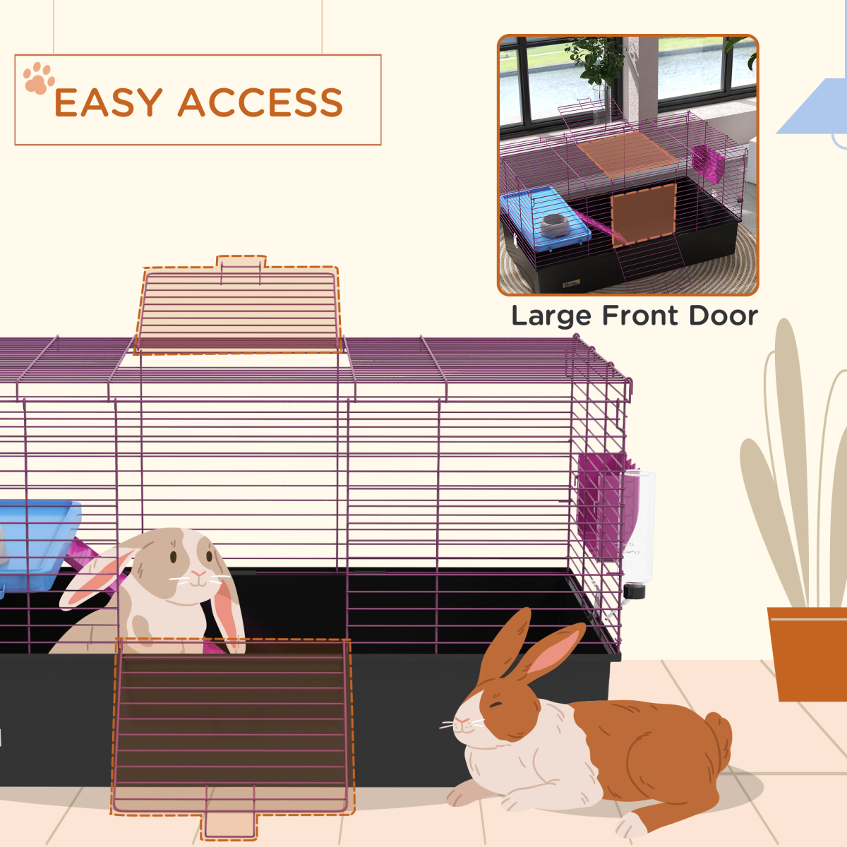 PawHut Small Animal Cage with Platform, Ramp and Hay Feeder – Rabbit and Guinea Pig Hutch Playhouse, Black