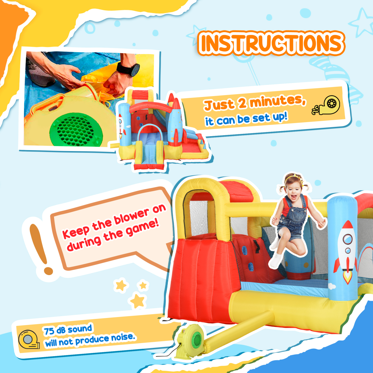 Rocket-Themed Bouncy Castle with Two Slides, Splash Pool, Trampoline & Climbing Wall – Garden Inflatable
