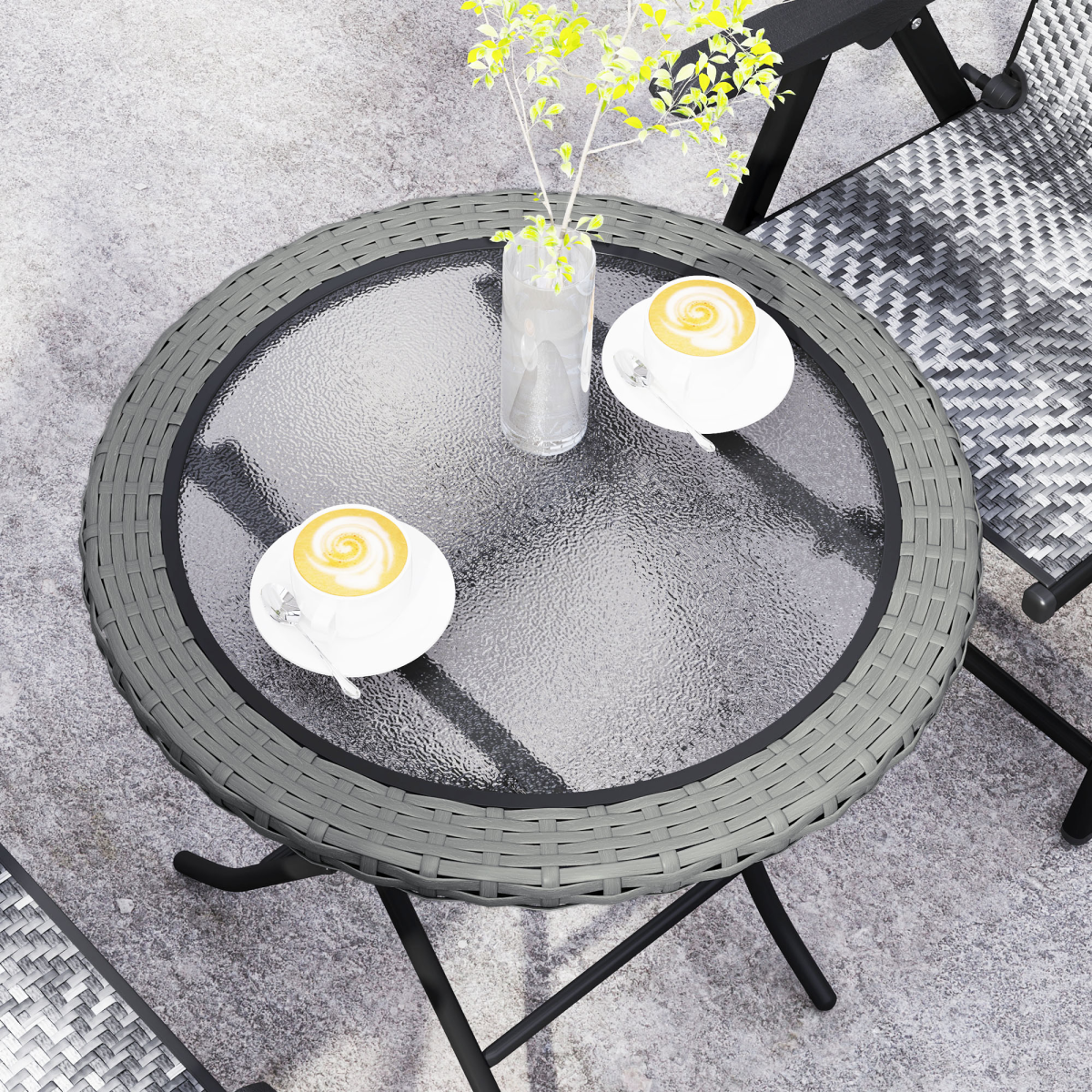 Outsunny Folding Round Garden Table with Tempered Glass Top and PE Rattan Edging – Patio Table, Grey
