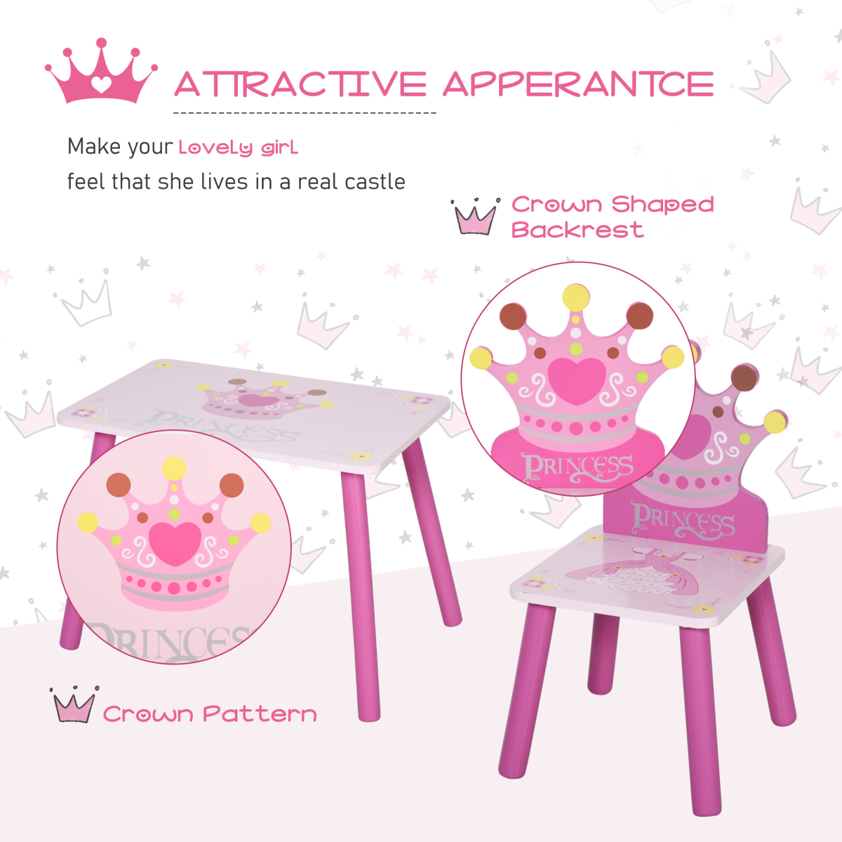 HOMCOM 3-Piece Kids Princess Table and Chair Set with Crown Backs – Pink Play Furniture for Ages 2-4