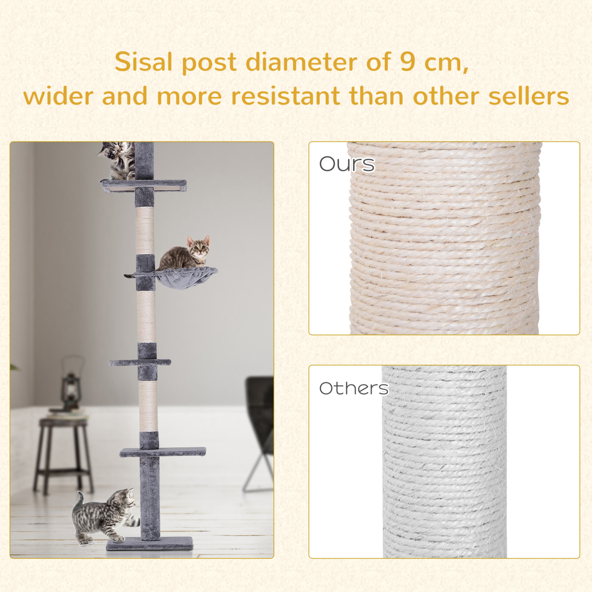 PawHut 5-Tier Cat Tree with Scratching Post, Floor to Ceiling Adjustable 230–260cm – Kitten Climbing Tower