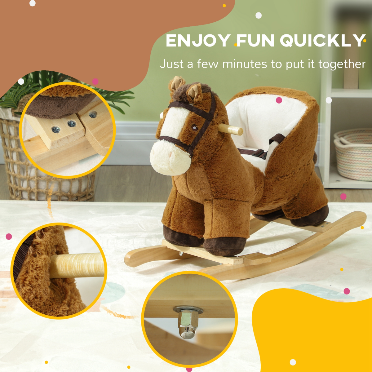AIYAPLAY Kids Rocking Horse with Neighing Sounds, Safety Belt and Footrest – Toddler Ride On, Brown