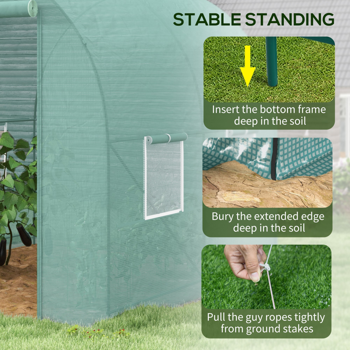 Outsunny Reinforced Walk-In Polytunnel Greenhouse with Steel Frame, PE Cover & Mesh Windows – 2.5 x 2m