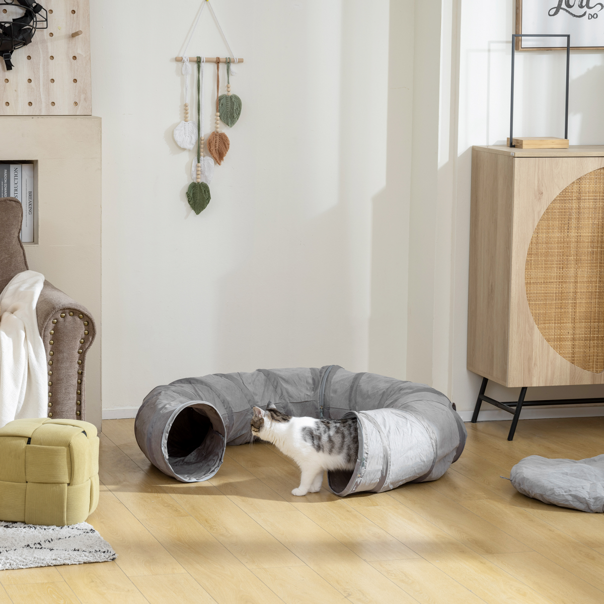 PawHut 2-in-1 Cat Tunnel with Bed, Zip-Together Play Tunnel with Hanging Toy Ball for Indoor Cats, Grey