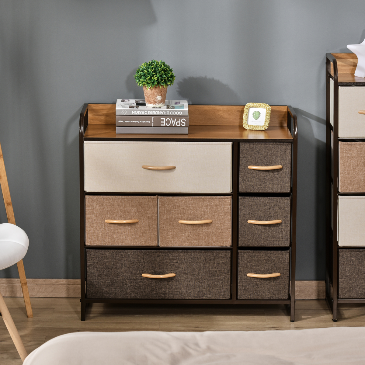 HOMCOM 7-Drawer Fabric Dresser with Steel Frame & Wood-Effect Top – Bedroom Storage Organiser