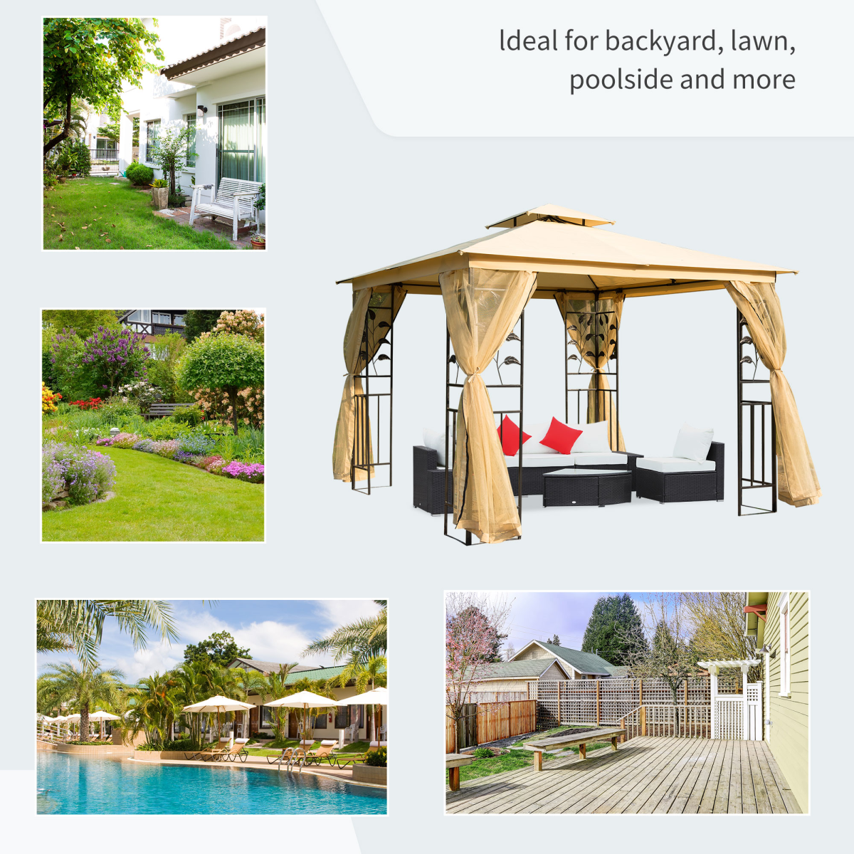 Outsunny 3x3m Double Tier Gazebo with Mesh Sidewalls & Steel Frame – Garden Party Netting Shelter, Beige
