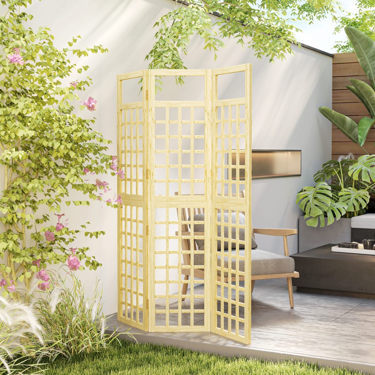 Outsunny 3-Panel Folding Wooden Garden Privacy Screen – Fir Wood Outdoor Divider, Natural Finish