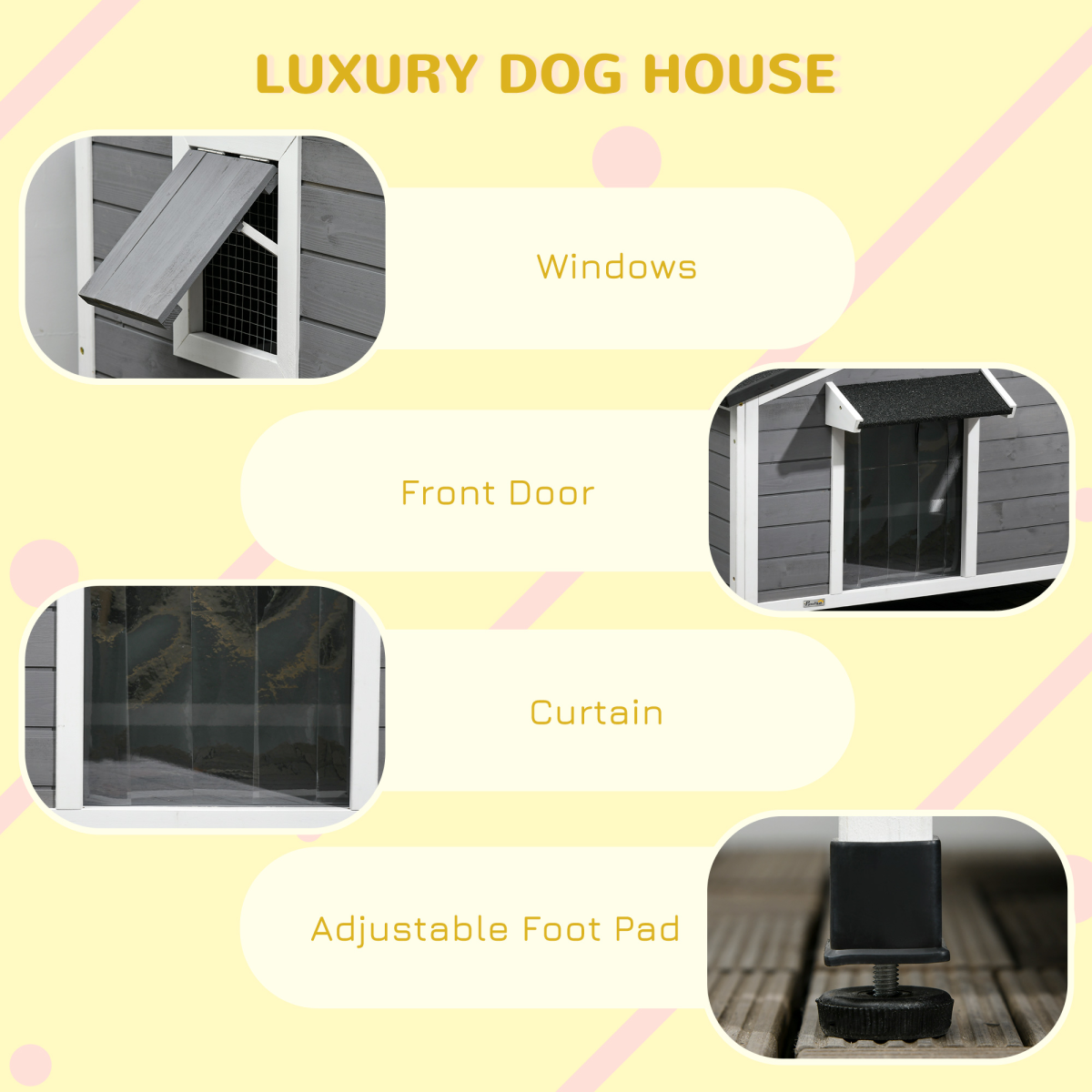 PawHut Large Wooden Dog Kennel for Outside with Door Eaves – Fir Wood Pet House, 109 x 79 x 72 cm, Grey