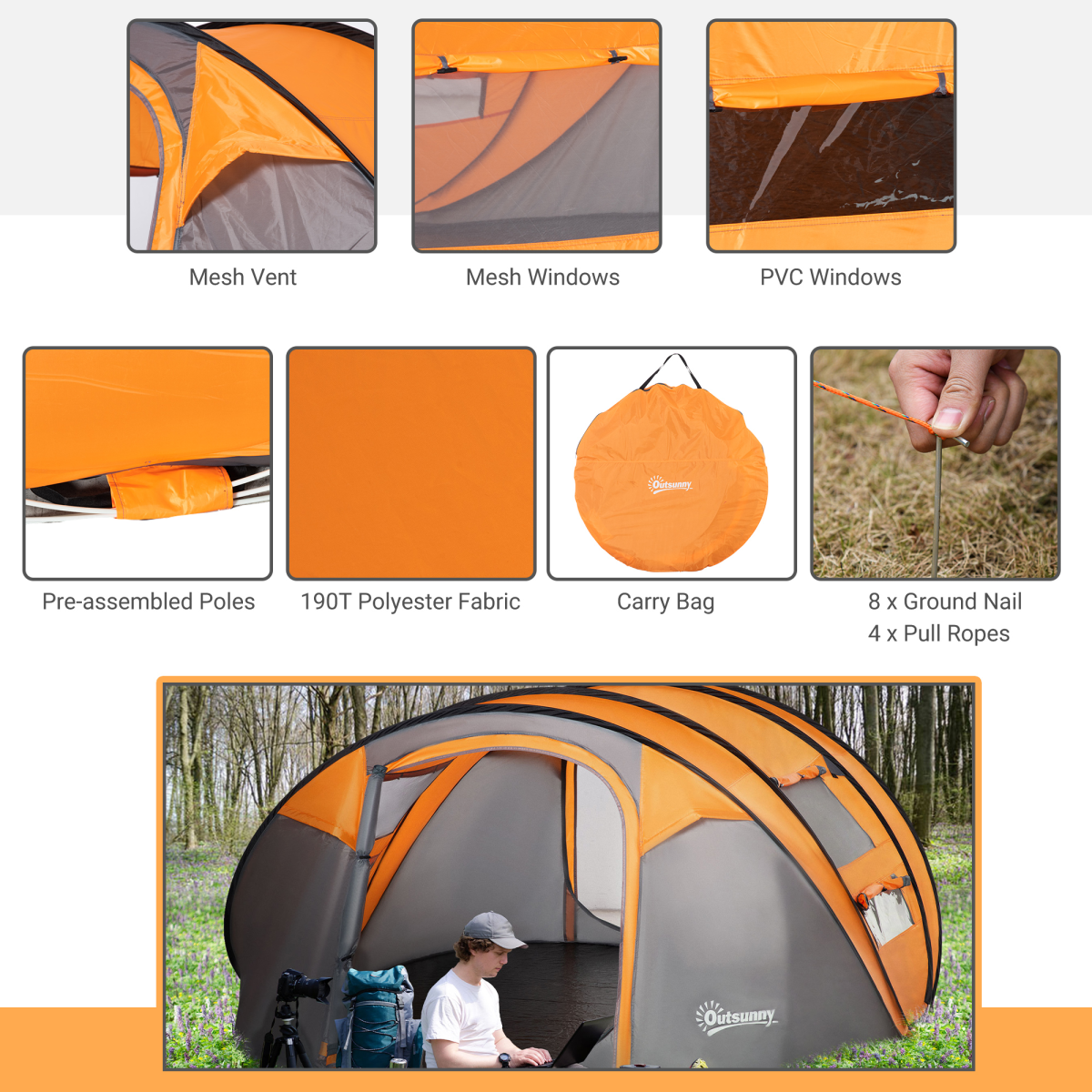 Outsunny 4-5 Person Pop-Up Dome Camping Tent with Windows & Carry Bag – Family Festival Tent, Orange