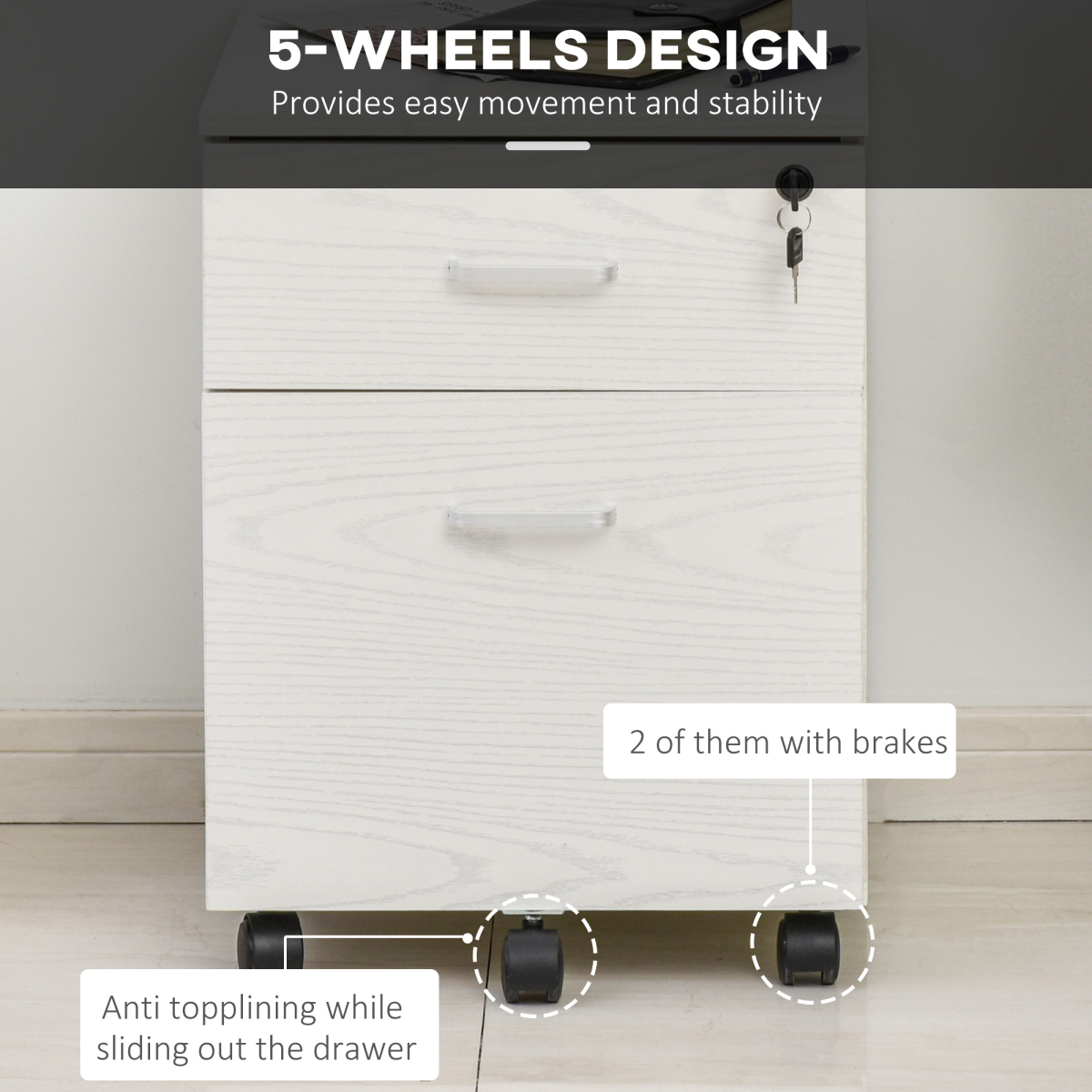 Vinsetto 2-Drawer Locking Mobile Filing Cabinet on Wheels – Home Office Document Storage, White