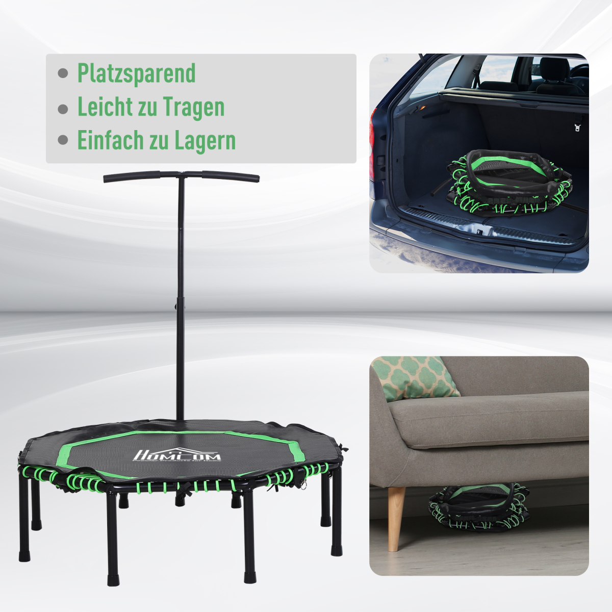 HOMCOM Foldable Fitness Trampoline with 3-Level Adjustable Handle – Rebounder for Adults & Teens, Green