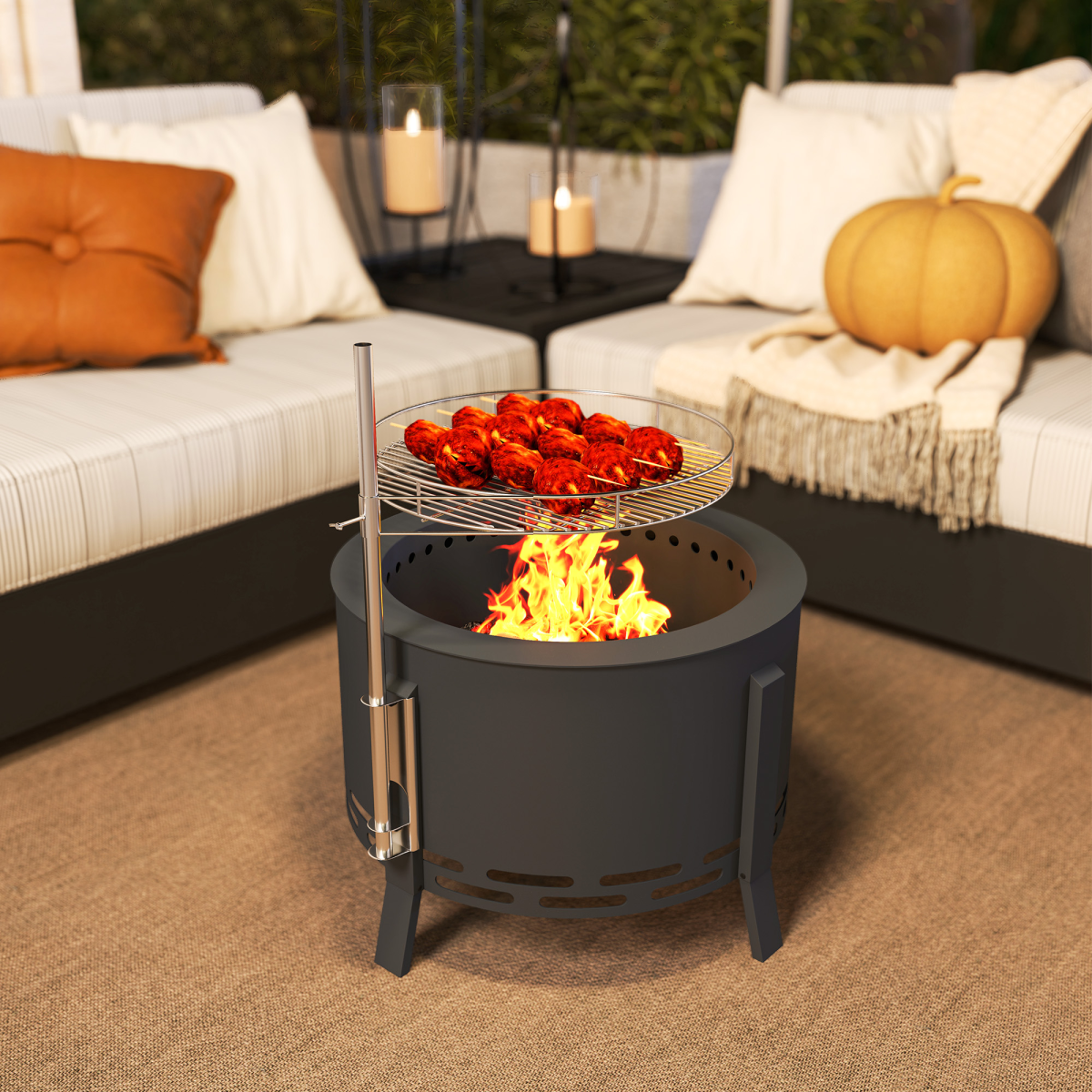 Outsunny Portable Fire Pit with Grill Grate and Poker, 58cm Round Steel Firepit – Garden BBQ Pit, Black